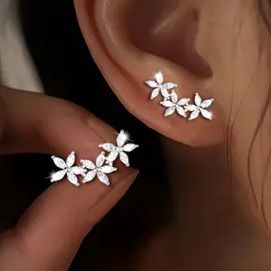 Women accessories A Pair of 925 925 Silvery Plated Stud Earrings Featuring a Sparkling Five-petal Summer Flower Design. Elegant, Stylish, and Uniquely Designed to Complement Any Look. Exquisite Jewelry Suitable for All Seasons, Perfect for