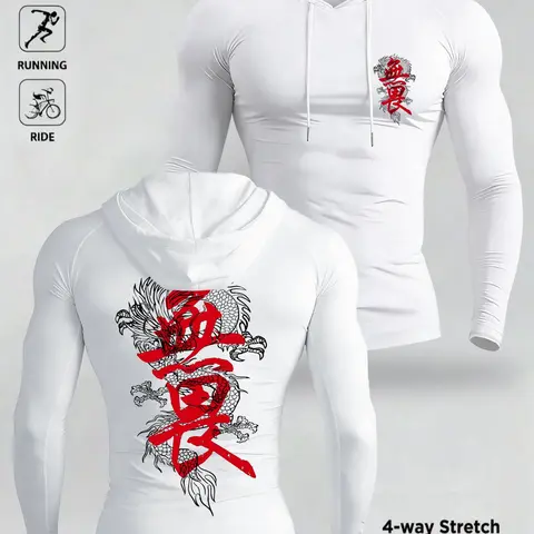Men's Simple Design Cultural Eastern Dragon Totem Hooded Long Sleeve T-Shirt, Casual Elastic Hoodie, Daily Wear Fashion Piece, Tops, casual hooded sweatshirts, Hoodie Sweatshirt