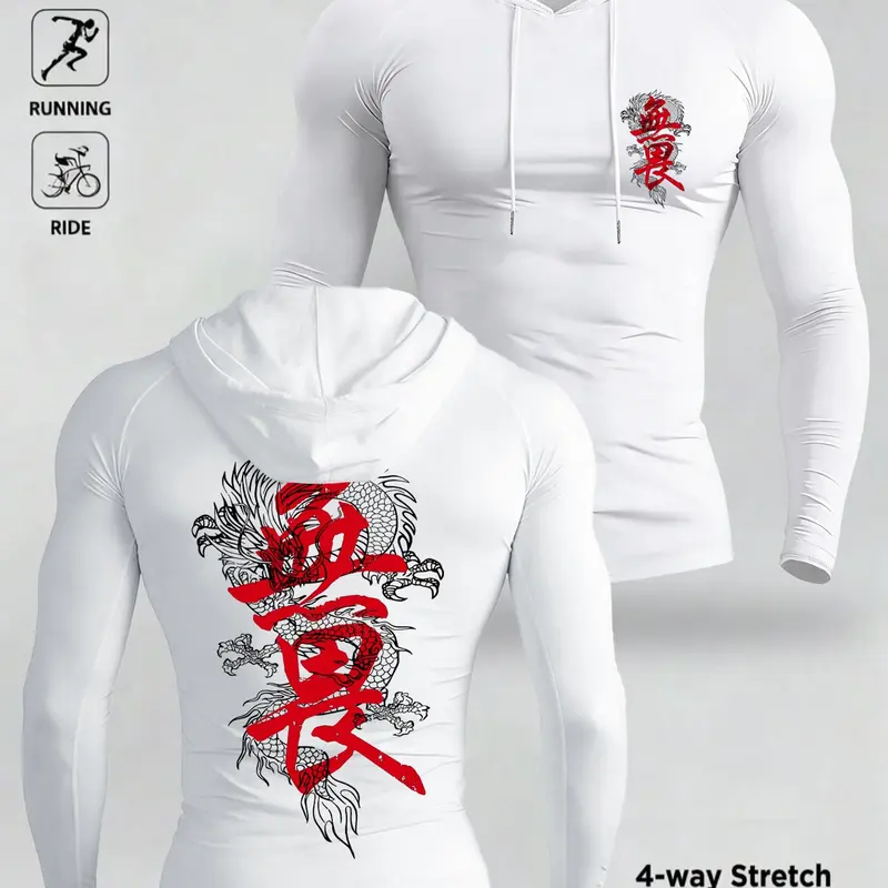 Men's Simple Design Cultural Eastern Dragon Totem Hooded Long Sleeve T-Shirt, Casual Elastic Hoodie, Daily Wear Fashion Piece, Tops, casual hooded sweatshirts, Hoodie Sweatshirt