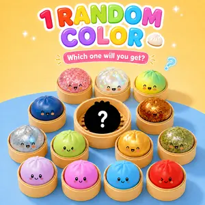 Mystery Glitter Dumpling Squishy Blind Box Pack Fidget Toy, Cute Steamed Bun Squishies with Steamer, Sensory Stress Relief Toy for Kids & Adults