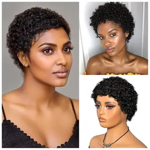 Short Curly Star Flower Wig Afro Kinky Curly Pixie Cut Wig No Lace Front Black Wigs for Women Glueless Design with Pre-Cut Bangs