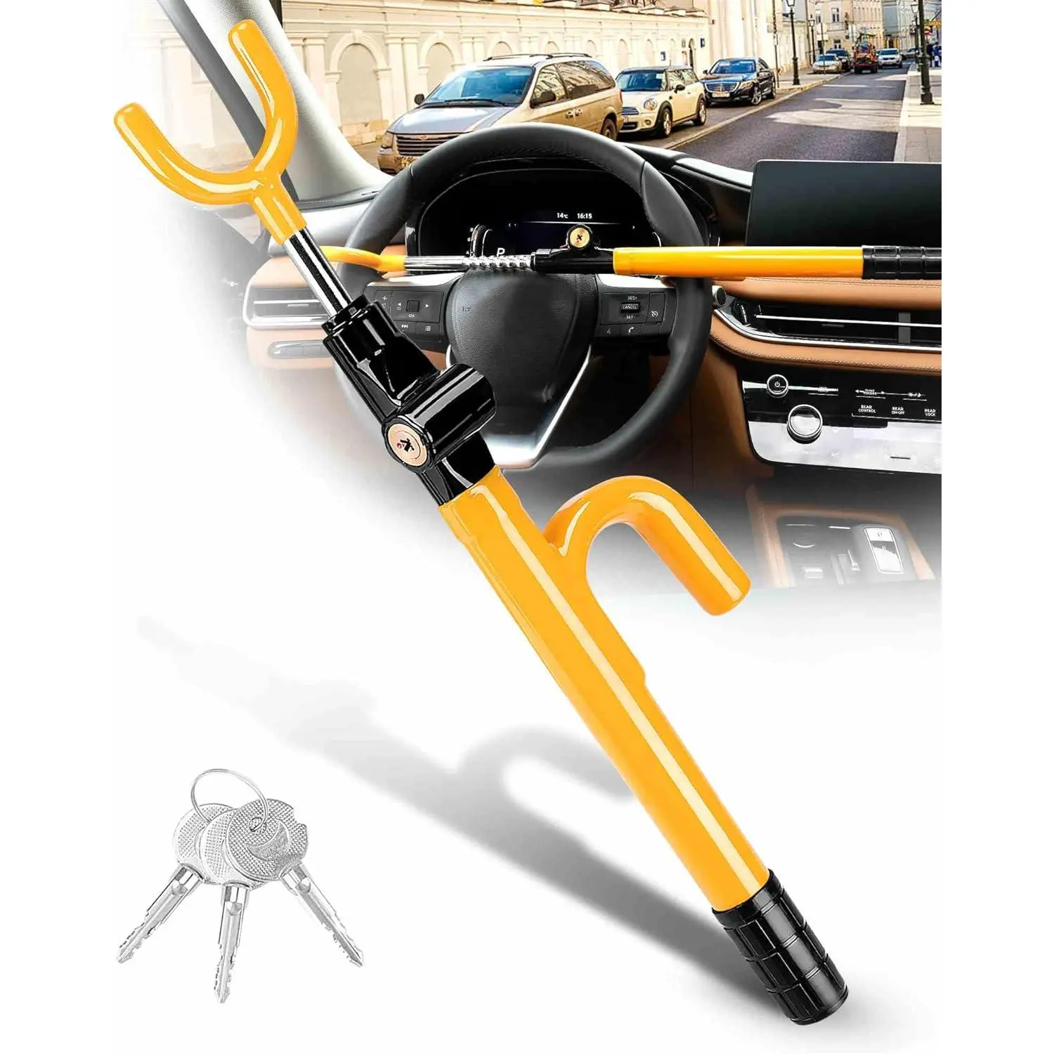 Steel-Plastic Automotive Steering Wheel Lock, Luminous High Visibility, Adjustable Universal Fit for Most Cars (7"-16" Diameter), Secure Anti-Theft Accessory, Heavy Duty Protection, Space-Saving, Easy Installation, Good Value