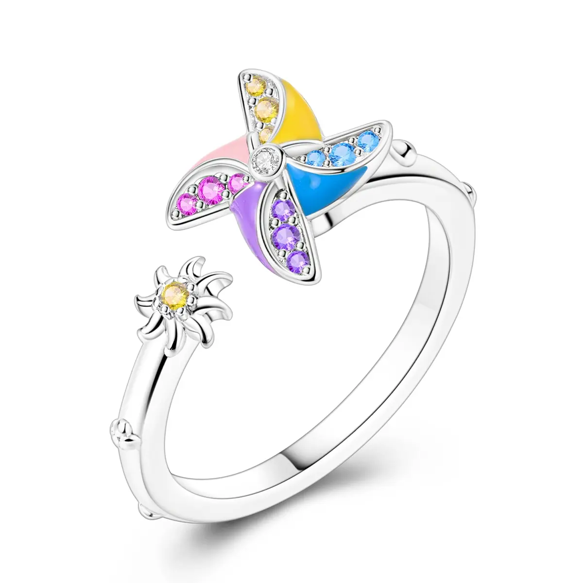 MULA Spinning Pinwheel Ring | Silver-plated, White Gold Plated, Zirconia & Enamel | Lucky Charm Design with Rotating Windmill | Perfect Gift for Positivity and Hope, Everday