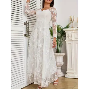 2025 New European and American Women's Long Sleeve Off-the-shoulder Wedding Dress Gown with Lace-up Fabric Womenswear