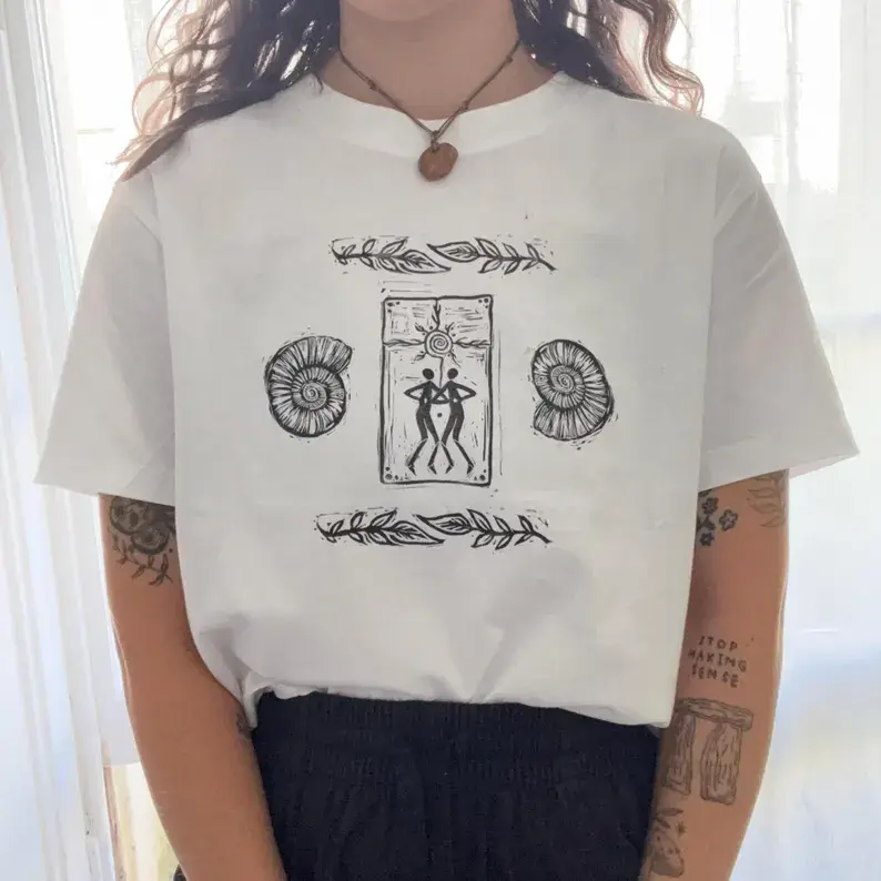 Primitive Folk Totem Graphic Tee, Vintage Woodcut Spiral Shell Sun Symbol Art Print, Mystic Tribal Occult Boho Top, 100% Cotton Crewneck T‑Shirt