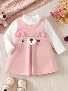 Baby Girl Woolen Bear Set, Cute 3D Bear Vest Dress & Ribbed Long Sleeve Top, Warm and Versatile, Simple and Chic Design