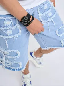 Men's Solid Color Ripped Denim Shorts, Loose Casual Comfy Frayed Edge Shorts for Daily Wear, Fashion Men's Bottoms for All Seasons, Cotton