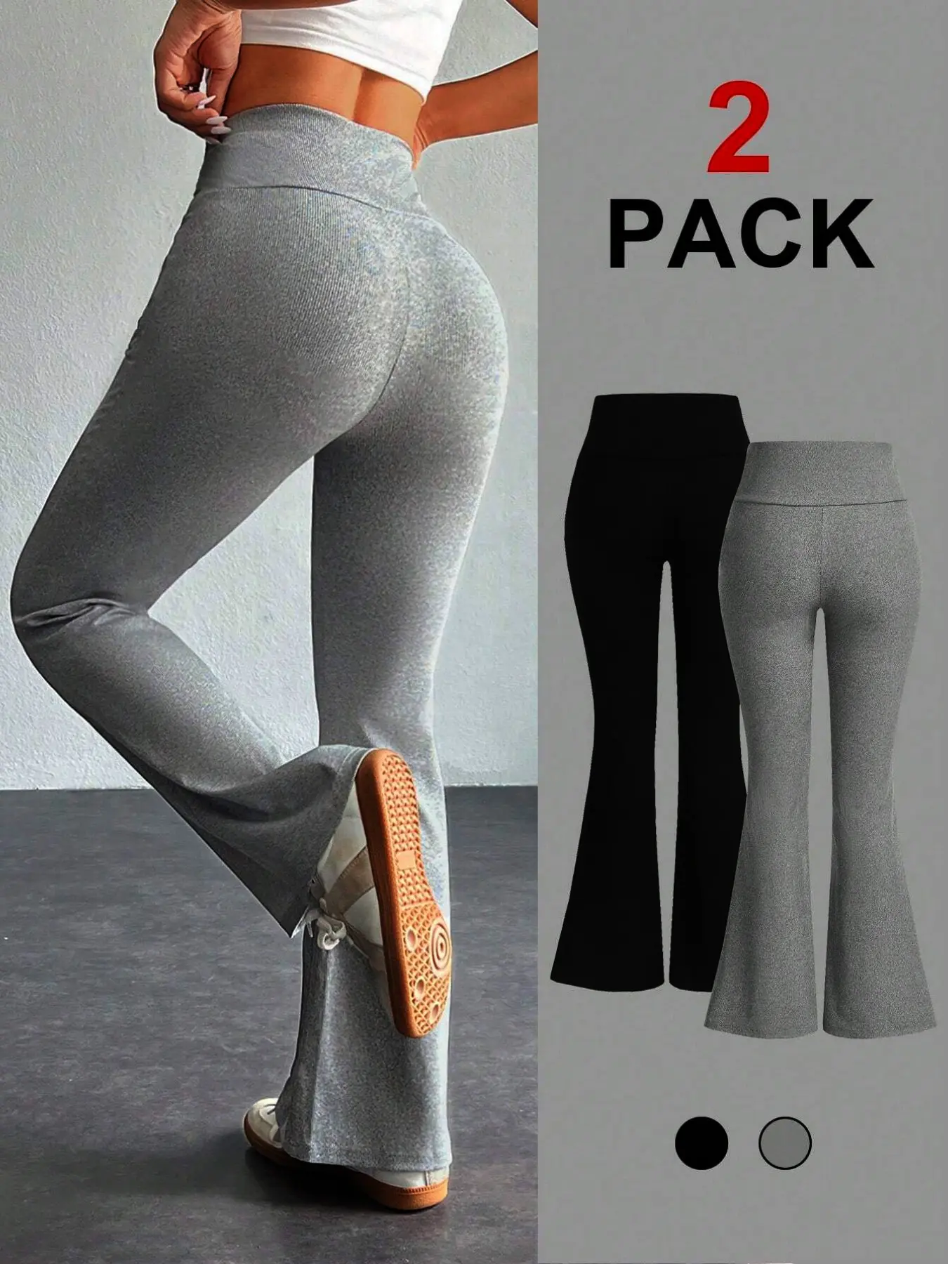 2 Pack Women High Waisted Flare Leggings, Ribbed Seamless Bootcut Pants, Stretchy Slim Fit Bell Bottoms, Casual Loungewear & Activewear, Trendy Summer Outfits for Yoga, Yoga Training Pants, Streetwear, Daily Wear, Bodycon Slimming Flared Trousers