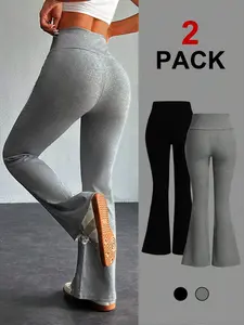 2 Pack Women High Waisted Flare Leggings, Ribbed Seamless Bootcut Pants, Stretchy Slim Fit Bell Bottoms, Casual Loungewear & Activewear, Trendy Summer Outfits for Yoga, Streetwear, Daily Wear, Bodycon Slimming Flared Trousers