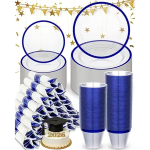 350 count Plastic Clear Blue Plates for Party, Disposable Dinnerware Set for 50 Guests, 100 Plastic Plates, 50 Cups, 50 Pre-Rolled Napkins with Cutlery for Graduation Party, Christmas, Birthday