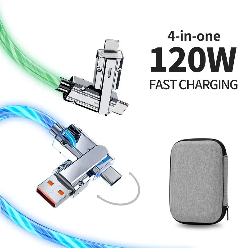 Mokongfu 120W 4 - In - 1 Charging Cable with USB A & Type C - Fast Charging Cable with Blue and Green Glowing Lights, 3.3ft Long, for iPhone, iPad, Samsung, Laptops and All Smartphones - Sync and Charge Simultaneously Cellphone Electronic