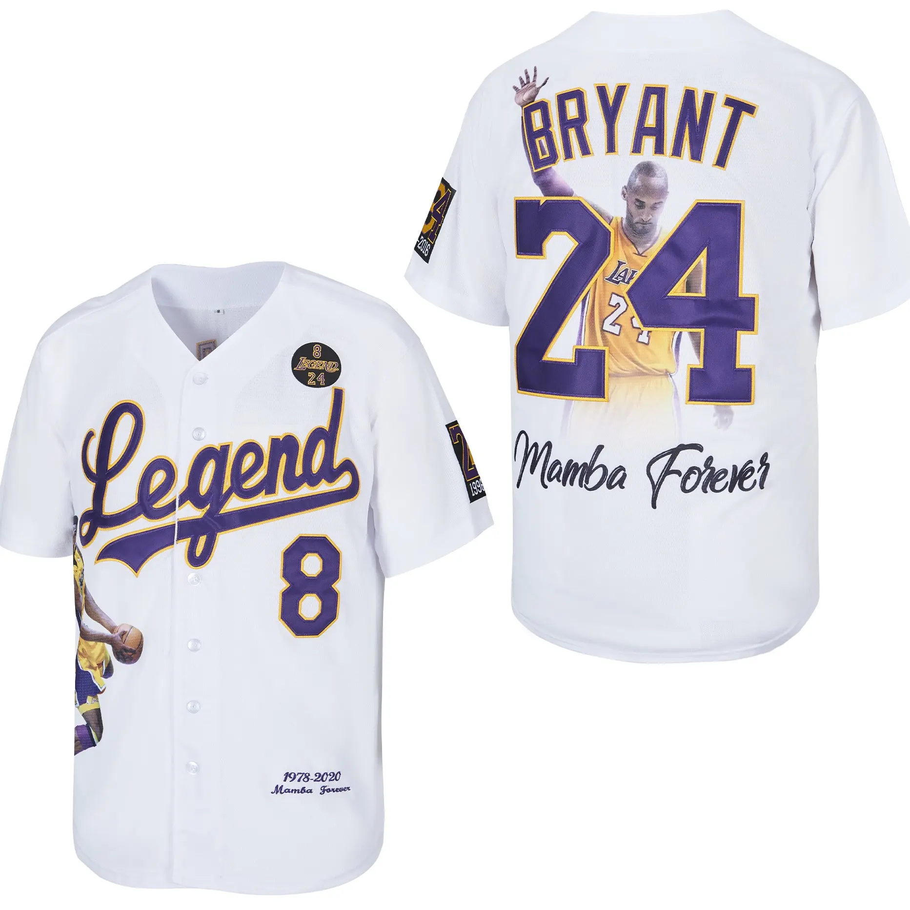Men's Legend 24 & 8 Bryant Tribute Stitched Retro Breathable Polyester Baseball Full Jersey, Athletic Sports Clothing for Streetwear, Apparel Jersey, Athletic Top, Watch Party, Xxl, Athletic Tops
