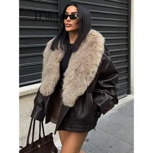 2026 Winter Women’s Loose Faux Leather Jacket, Fashionable Detachable Oversized Fur Collar, Casual Double-Breasted Outerwear (High Street Style)