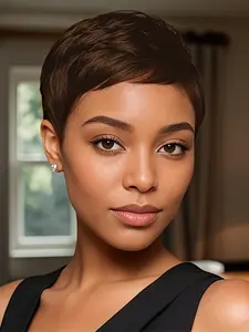 150% Denisty pixie cut adjustable glueless human hair wigs short burgundy  natural black color straight layered pixie wig for women  daily party cosplay use wig machine made