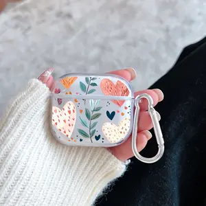 Hearts and Leaves Pattern Protective Case for AirPods 4/3/2/1/Pro/Pro2 Soft TPU Earphone Cover, Transparent with Keychain