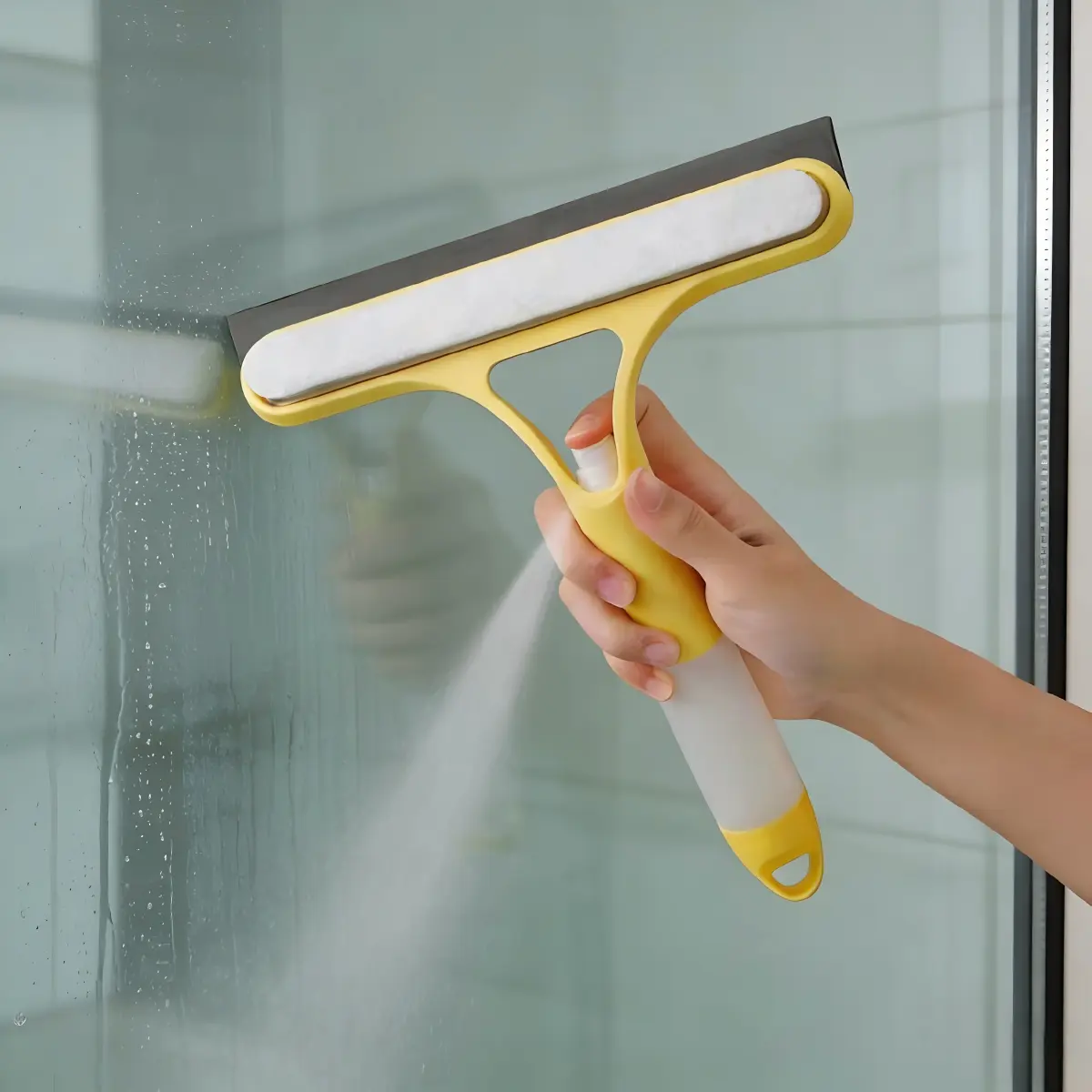 3-in-1 Rotating Squeegee Scrubber - House Cleaning Tools, Window Cleaning Scraper, Household Spray Tool for Home & Car Interior Use, White & Yellow
