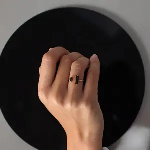 Minimalist Natural Black Obsidian Ring Bar Ring in Sterling Silver - Vintage Ring Handcrafted Rings - Open Rings Gifts for her