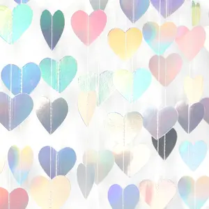 Iridescent Disco-Holographic Heart Garland 52Ft Wedding Hanging Decoration Neon Streamers Banner Perfect for Bridal Shower Birthday Baby Shower Engagement Valentines Day Decor