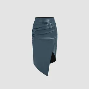 Cider [4 colors, size 0-26] Faux Leather Mid Rise Solid Ruched Split Midi Skirt