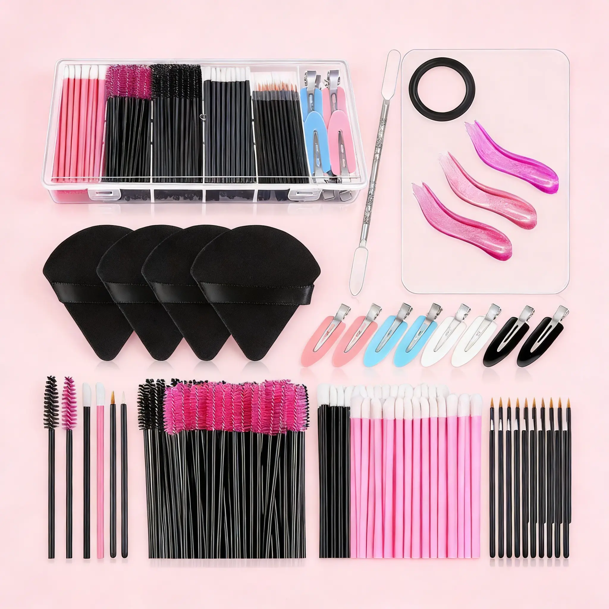 Makeup Application Kit with Mixing Palette, Triangle Powder Puff, Eyeliner Brush, Lip Stick, Micro Brush, Hair Clip, Storage Box, Makeup Tool Set, Cosmetics Makeup Tools