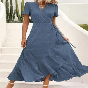 Solid Color Surplice Neck Dress, Elegant Short Sleeve Split Thigh Swiss Dots Beach Maxi Dress For Spring & Summer, Women's Clothing