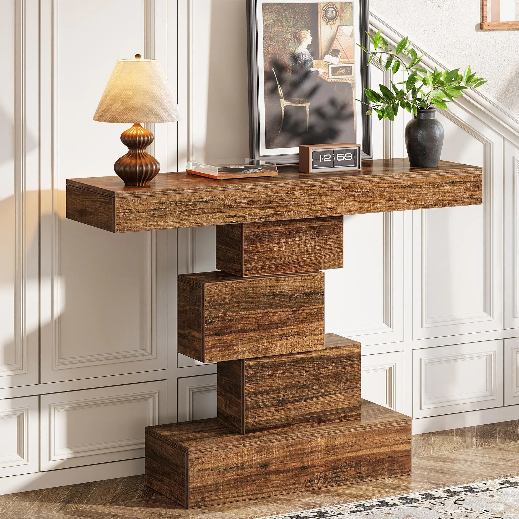 TRIBEWOOD Farmhouse Console Table, 42.5-Inch Narrow Wood Sofa Table Behind Couch with Geometric Base, Industrial Entryway Accent Table for Living Room, Hallway, Entrance