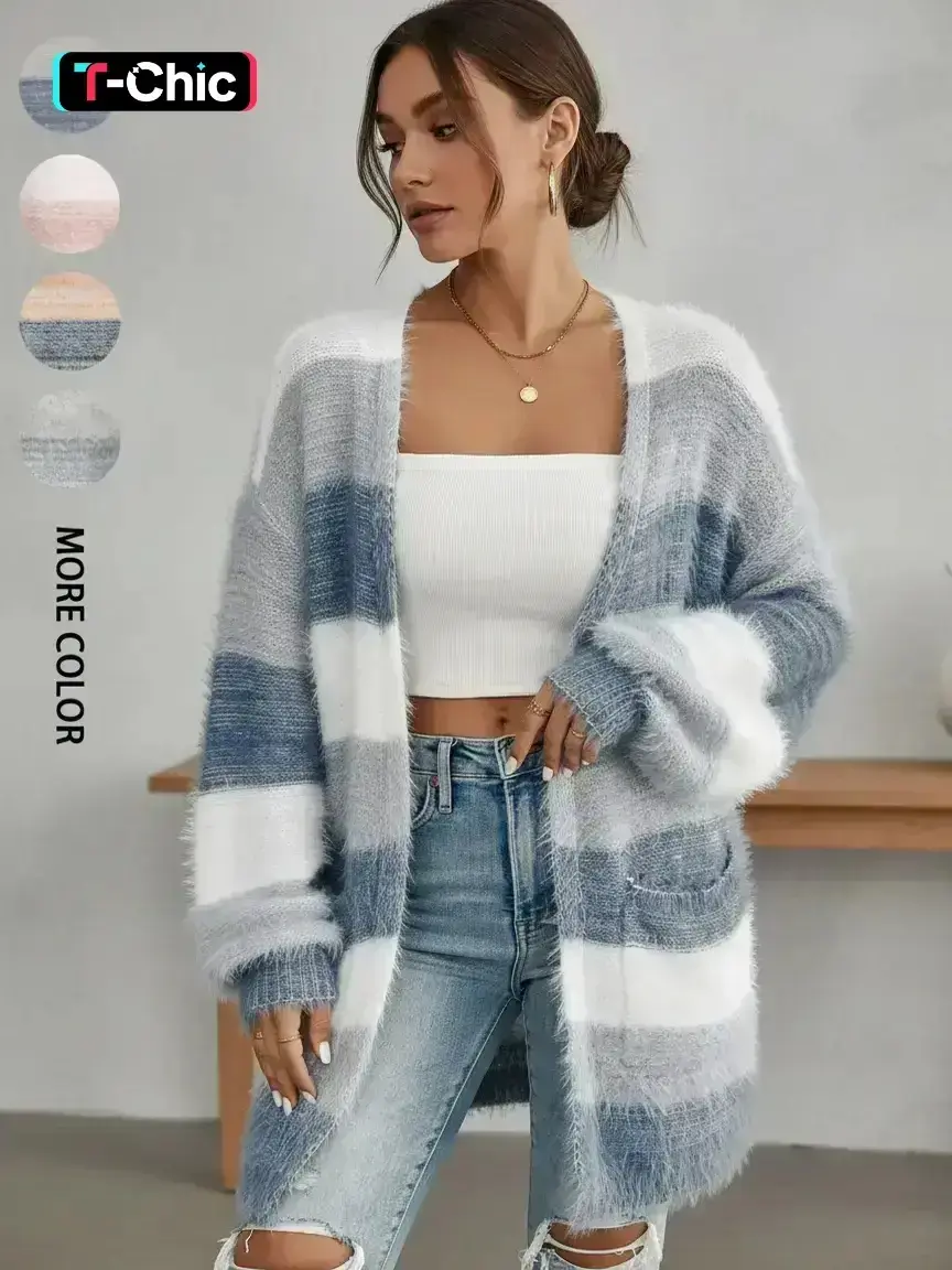 Women's Colorblock Striped Print Long Sleeve Fuzzy Lightweight Cardigan Knitting Fabric, Casual Open Front Long Cardigan for Daily Wear, Ladies Clothes for All Seasons, Knit Design, Womenswear, Knitwear