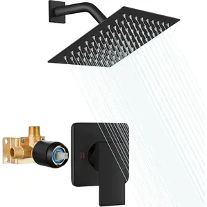 8 Inch Shower  and Handle Set Square Shower Faucet Set Bathroom Rainfall Shower Faucet Set Stainless Steel Showerhead Single Function Shower Trim Kit,Male Thread Valve,Matte Black
