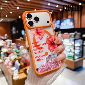 The waves, the hibiscus flowers and PSALM 46:5 Pattern Magnetic Phone Case Supports Wireless Charging for iPhone 17 Pro Max Air 15 16 14  13 12 11 Plus Shockproof Non Slip Protection Silicone Transparent Acrylic Cover Cellphone Protective