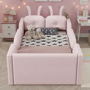 Twin Size Floor Bed Upholstered Platform Bed with Rabbit Cushion, Twin Bed with Removable Side Rails, No Box Spring Needed