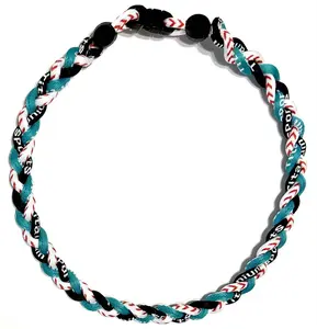 3 Rope Braid Tornado Energy Twist Necklace Teal Black White Baseball Stitch
