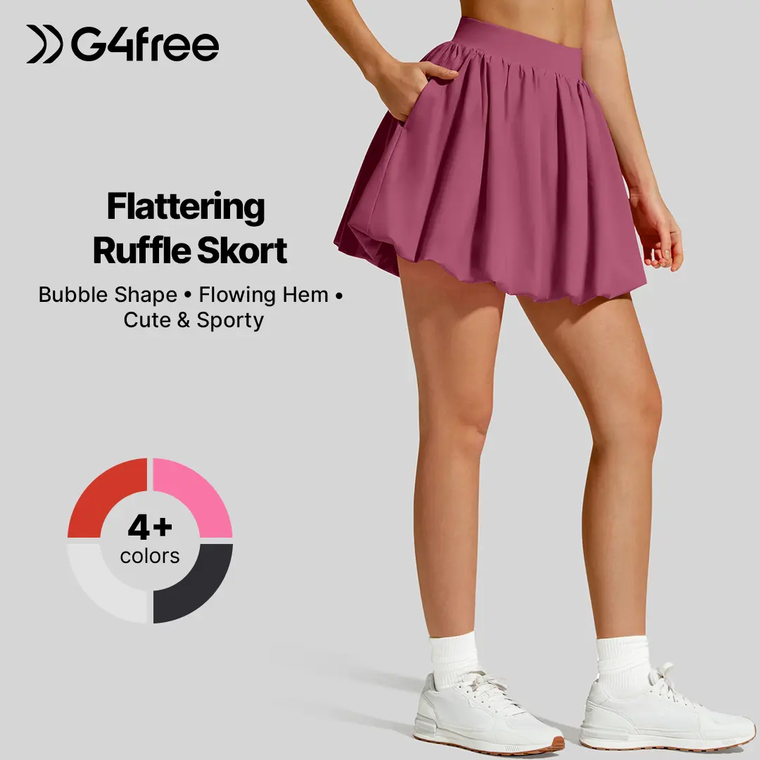 G4Free Chillwhisp Women's 14" Mini Active Skort Skirt - Ruffled Hem, Elasticized Fabric, Casual Breathable Workout Skorts with Inner Shorts & 3 Functional Pockets