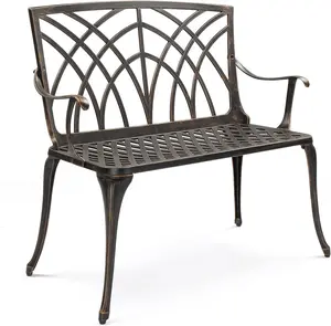VINGLI 38" Outdoor Bench Cast Aluminium Garden Bench, Orchid Porch Benches Patio Benches Deck Furniture for 1-2 Person Seat(Brown)