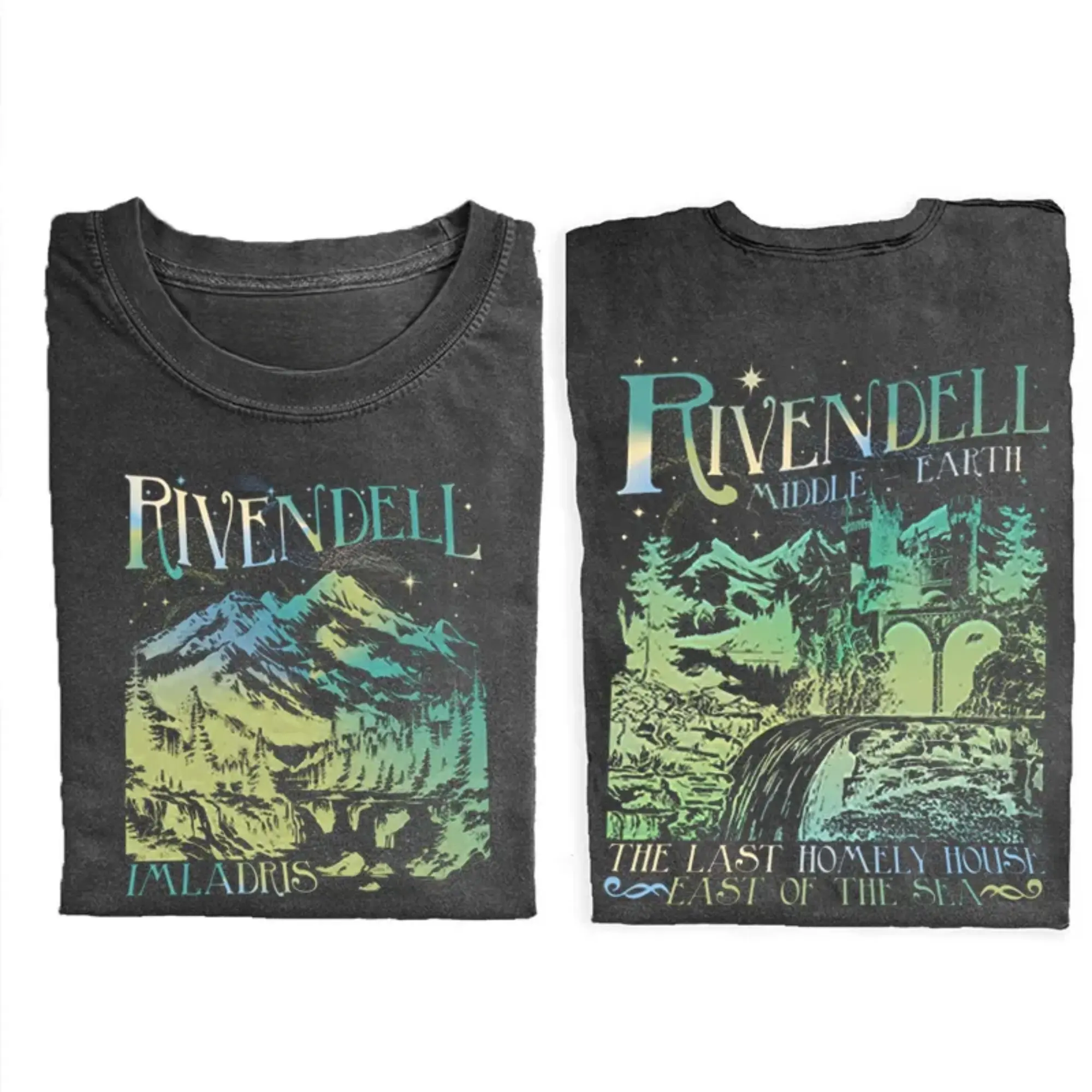 Gildan Men's Fitted Round Neck Cotton Shortsleeve Tshirt - Vintage Rivendell Double-Sided Graphic, Cold Wash, Casual Streetwear, LOTR The Fellowship of The Ring Middle Earth The Last Homely House East of The Sea Menswear Top
