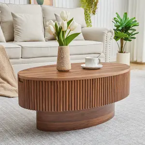 Giratree Fully Assembled Oval Coffee Table with Hidden Storage, Modern Wooden Fluted Center Table for Small Living Room, Apartment Spaces