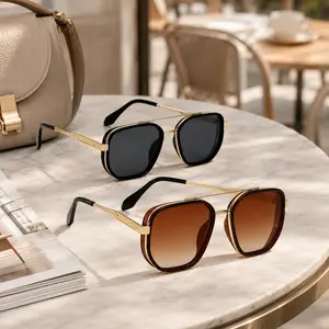 2026 Trendy Gold Geometric Polarized Sunglasses for Women Men, Double Bridge Frame UV400 Summer Shades, Lightweight Travel Vacation Eyewear, Daily Fashion Accessories, SummerVibes