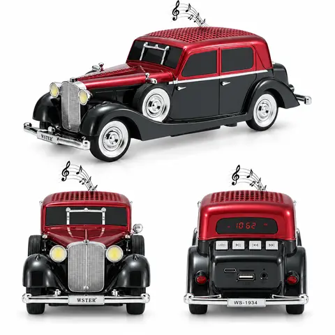 WSTER WS-1934 Retro Classic Car Portable Bluetooth Speaker with 50hz-20khz HD Audios, LED Headlights, TWS, FM Radio, 4-Source Playback (USB/TF/USB Type-C), Built-in Li-ion Battery, Desktop Decor, Birthday Gift for Car Lovers (Cells Compatible)