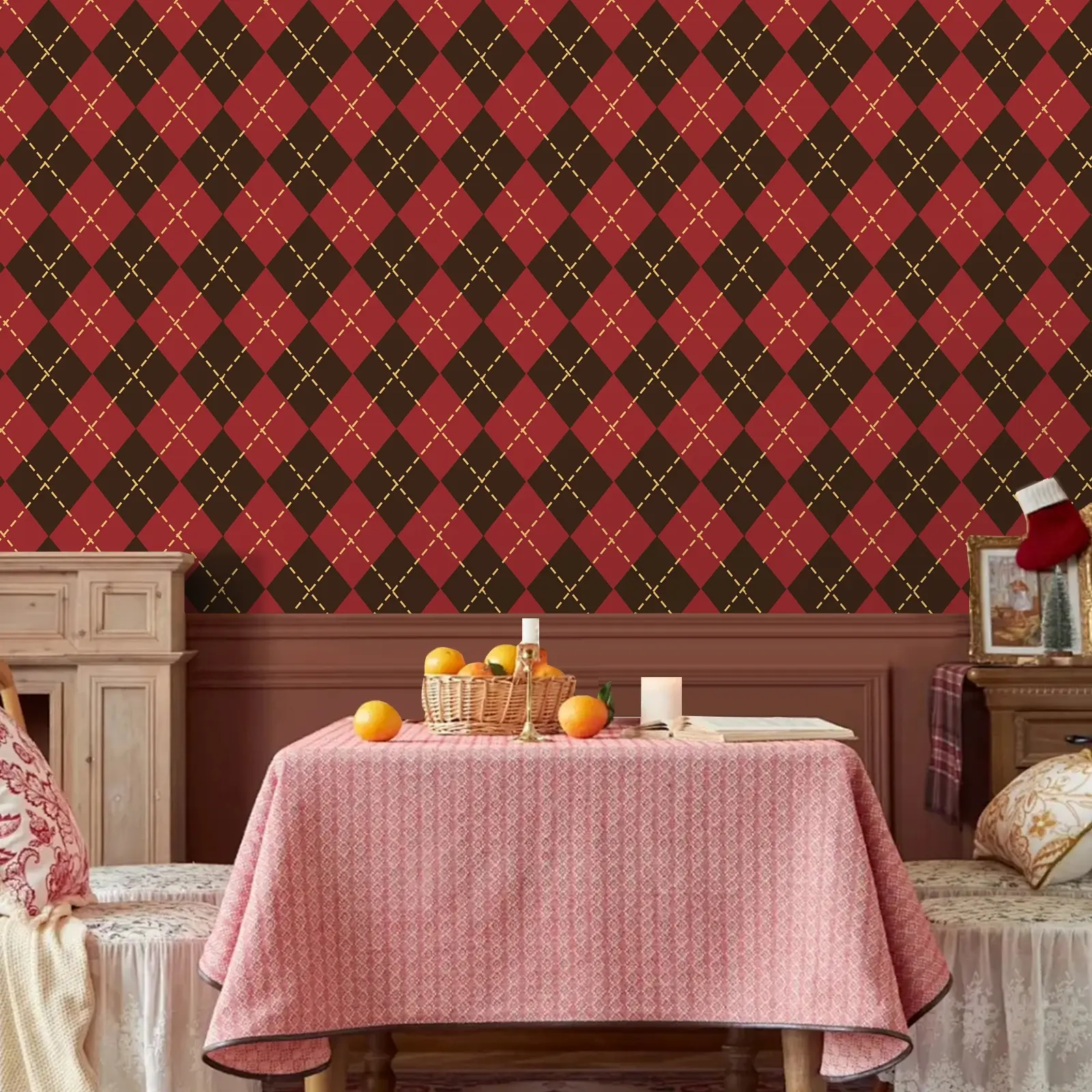 Self-Adhesive Waterproof Vinyl Wallpaper Roll, Decorative Wallpaper, Diamond Pattern, Christmas Theme, Home Decor for Living Room Bedroom Kitchen