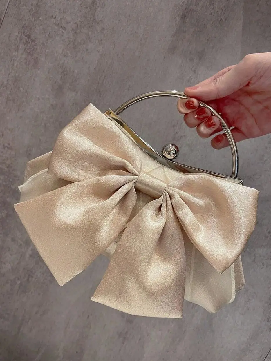 Women's Champagne Bow Clutch Bag, Elegant Shiny Floral Evening Purse, Luxury Formal Handbag with Shoulder Crossbody Strap for Wedding, Bride, Bridesmaid, Prom, Party & Special Events