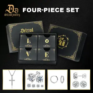 [Surprise Fancy Jewelry Set] Delzzad Silver/Golden Jewelry Set with 4pcs Love Gift Boxes for Men Synthetic Moissanite Four-Prong Earrings Halo Earrings Huggies Earrings Cross Pendant Necklace Birthday Wedding Engagement Anniversary Christmas Gift