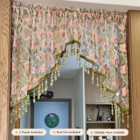 Drill-Free Embroidered Lace Beaded Tulle Fringe Wardrobe Curtains - Bohemian Floral Door Dividers, Room Inspo Aesthetic Romantic Hanging Decor for Renters, Home Decor Items