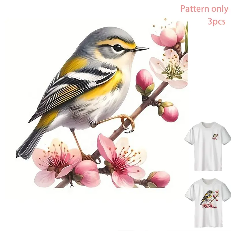Spring Floral Bird Pattern DTF Heat Transfer Vinyl, Washable DIY Iron-On Sticker for T-shirts, Jeans, Hoodies, Backpacks, Durable PVC Material, Water-Resistant Heat Press Design, Pattern Only