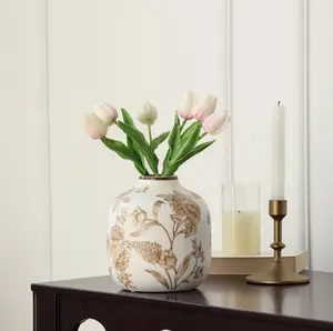Sterling & Noble Home White Ceramic Brown Floral Painted Tabletop Vase