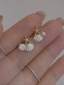 Cute Elegant Water Drop Oil Shell Starfish Rhinestone Stud Earrings, Beach Theme Faux Pearl Jewelry Gift for Women, Stylish Accessories