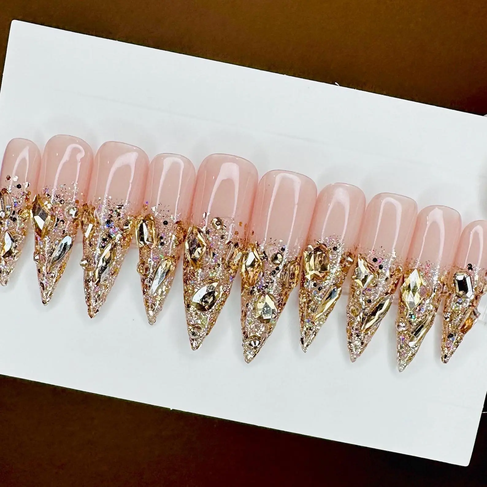 Gold Crystal Press On Nails, Embellished Bling Stiletto Nails, Fall Nails, New Years, Birthday Nails, Gold Glitter, Trendy Nails, Bling Nails