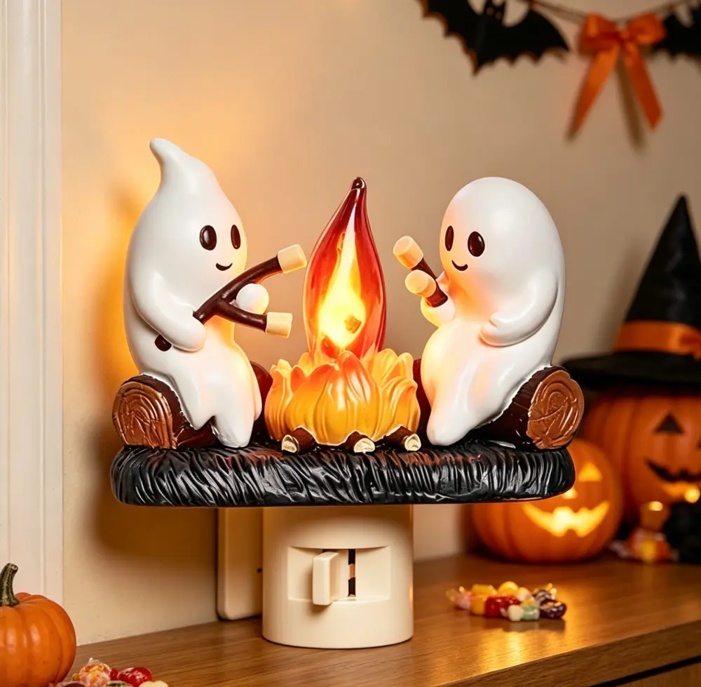 Ghost Campfire Night Light, Plug-in Wall Flickering Flame Nightlight, 3D Cute Spooky Ghost Roasting Marshmallow Decoration, Halloween Spooky Season Home Decor for Bedroom, Kids & Adults