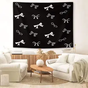 Coquette Bow Print Tapestry, Girly Black White Pink Blue Wall Hanging Tapestries, Soft Polyester Wall Blanket Backdrop Decor for Girls Teens Bedroom Dorm, Cute Aesthetic Bowknot Wall Art