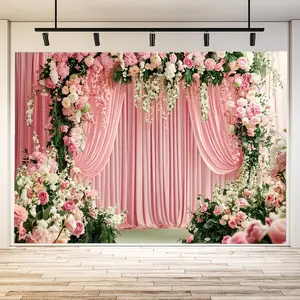 1pc Pink Floral Background Banner, Curtain Backdrop for Wedding/Event Decor - Soft Pink Curtain with Lush Pink White Rose Peony Arrangement and White Vines - Create a Romantic Pale Atmosphere for Photography, Parties