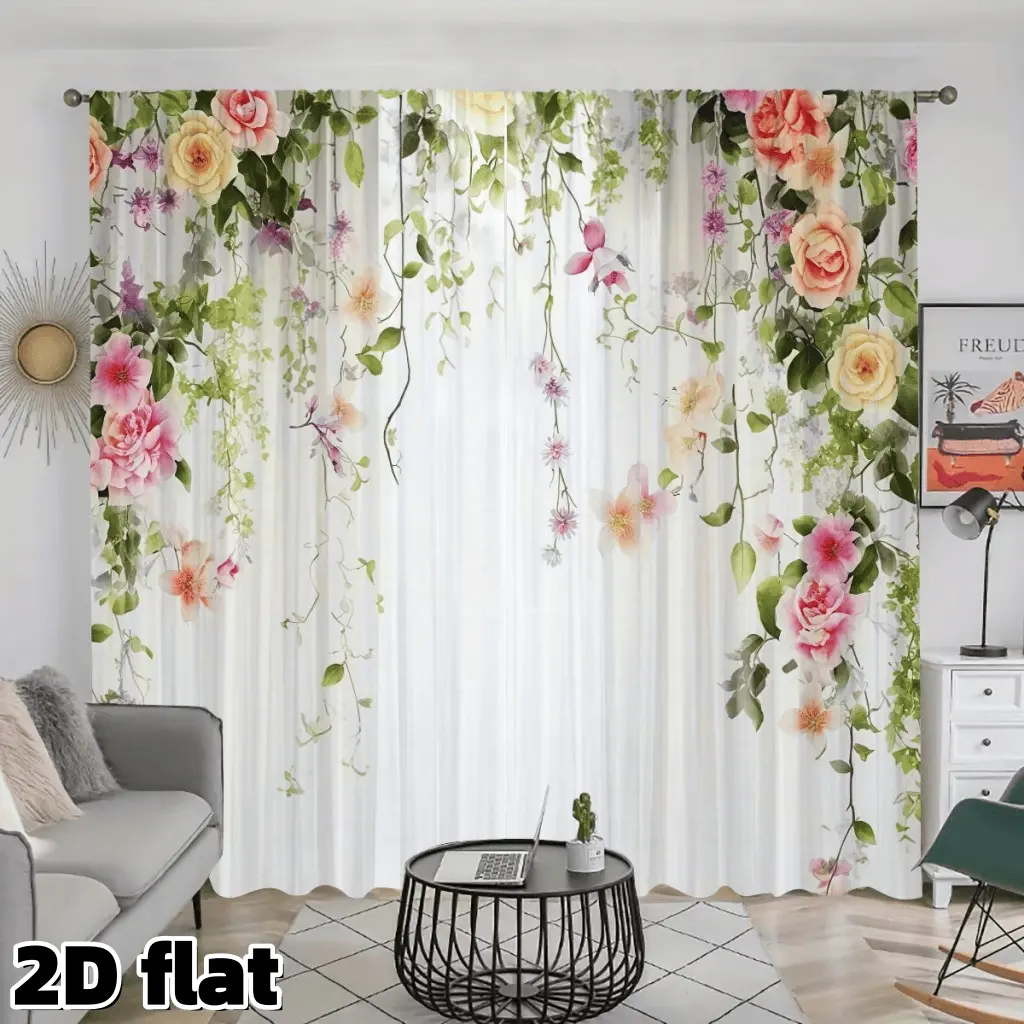 2D Flat 2Pcs Romantic Floral Garden Curtains with Pink Yellow Roses Vine Print, Rod Pocket Design, Semi Sheer Polyester Fabric, Fresh Spring Style for Living Room Bedroom Balcony Kitchen Window Treatment Decor, Home Decoration Curtain, Light Filtering