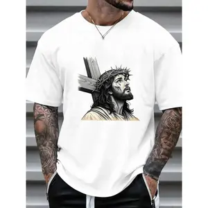 Striking Men's T - Shirt with Detailed Jesus Portrait Wearing Crown of Thorns and Carrying Cross